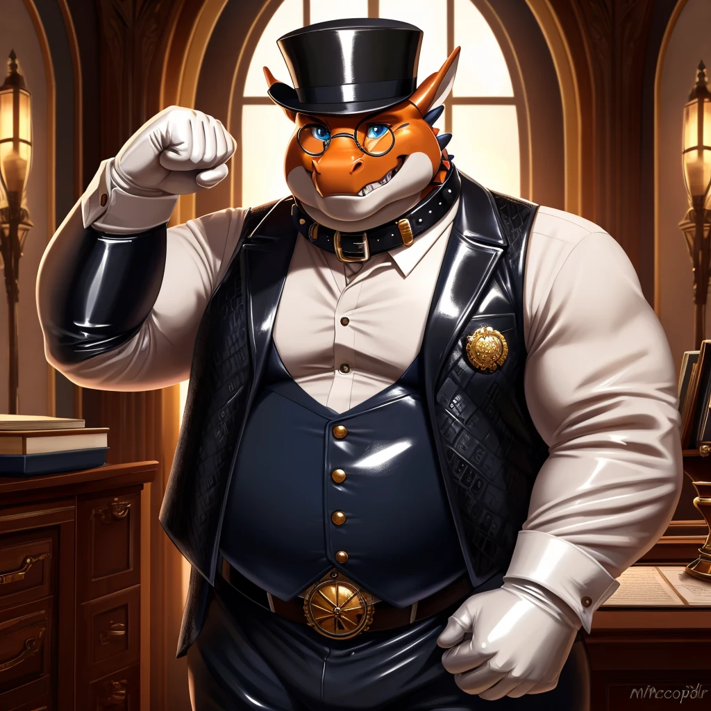 Solo, Male, fat, extremely obese, gentleman, dapper Professor Dragon, blue eyes, (posing:1.3), (soft shading), 4k, hi res, ((detailed face, detailed)), looking at viewer, mouth wide open, steampunk, dapper clothing, collared shirt with buttons, top hat, male focus, Explorer Outfit, glasses, monocle, vest with buttons, sleeves rolled up, round eyewear, brown headwear, brown vest, office, Dragon is wearing a glossy leather dog collar around the neck, Dragon is wearing the leather collar and shirt and vest at the same time, Dragon is wearing glossy white rubber gloves on the hands, wearing white rubber gloves on the feet, gloves are rubber in texture, clenching teeth, clenching fists, leather collar is glossy and shiny with a lot of detail, Dragon is wearing gloves and leather collar at the same time, leather collar has a round dog-tag, leather collar is thick and detailed, leather collar is glossy and shiny, fancy clothing, dapper vest, dapper shirt, leather collar is thick, glossy leather collar.