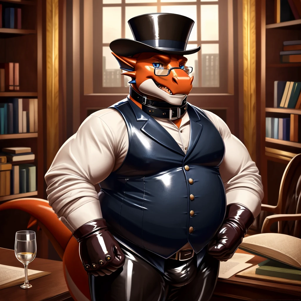 Solo, Male, fat, extremely obese, gentleman, dapper Professor Dragon, blue eyes, (posing:1.3), (soft shading), 4k, hi res, ((detailed face, detailed)), looking at viewer, mouth wide open, steampunk, dapper clothing, collared shirt with buttons, top hat, male focus, Explorer Outfit, glasses, monocle, vest with buttons, sleeves rolled up, round eyewear, brown headwear, brown vest, office, Dragon is wearing a glossy leather dog collar around the neck, Dragon is wearing the leather collar and shirt and vest at the same time, Dragon is wearing glossy white rubber gloves on the hands, wearing white rubber gloves on the feet, gloves are rubber in texture, clenching teeth, clenching fists, leather collar is glossy and shiny with a lot of detail, Dragon is wearing gloves and leather collar at the same time, leather collar has a round dog-tag, leather collar is thick and detailed, leather collar is glossy and shiny, fancy clothing, dapper vest, dapper shirt, leather collar is thick, glossy leather collar.