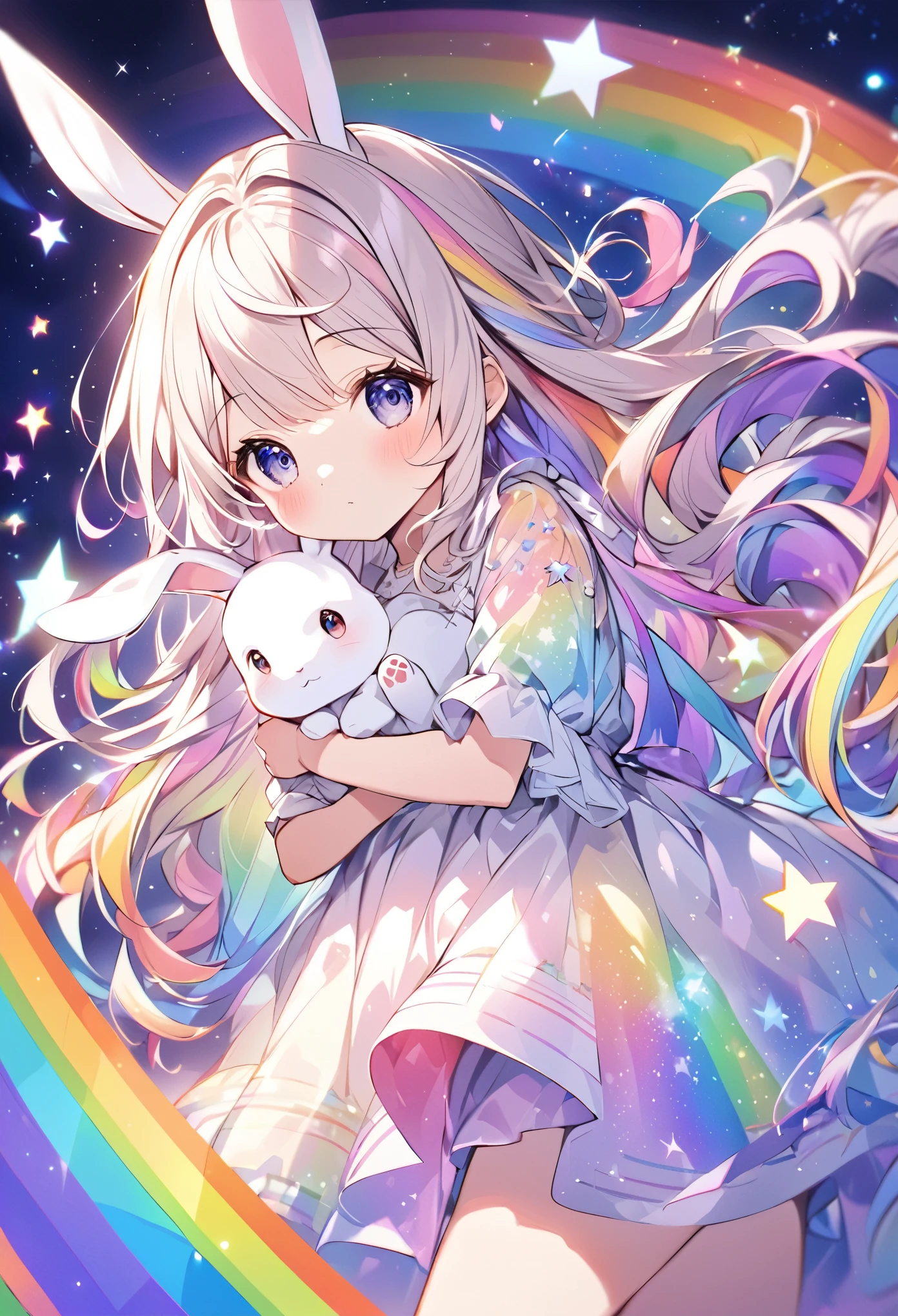 "Create an illustration of a mysterious character holding a white rabbit, She has light-colored hair with ribbons that look like rabbit ears... Letters glow, A rainbow-colored blouse that reflects a variety of colors. The background must be a celestial object, The starry sky transforms into a vibrant rainbow spectrum, Creates a mysterious and magical atmosphere."