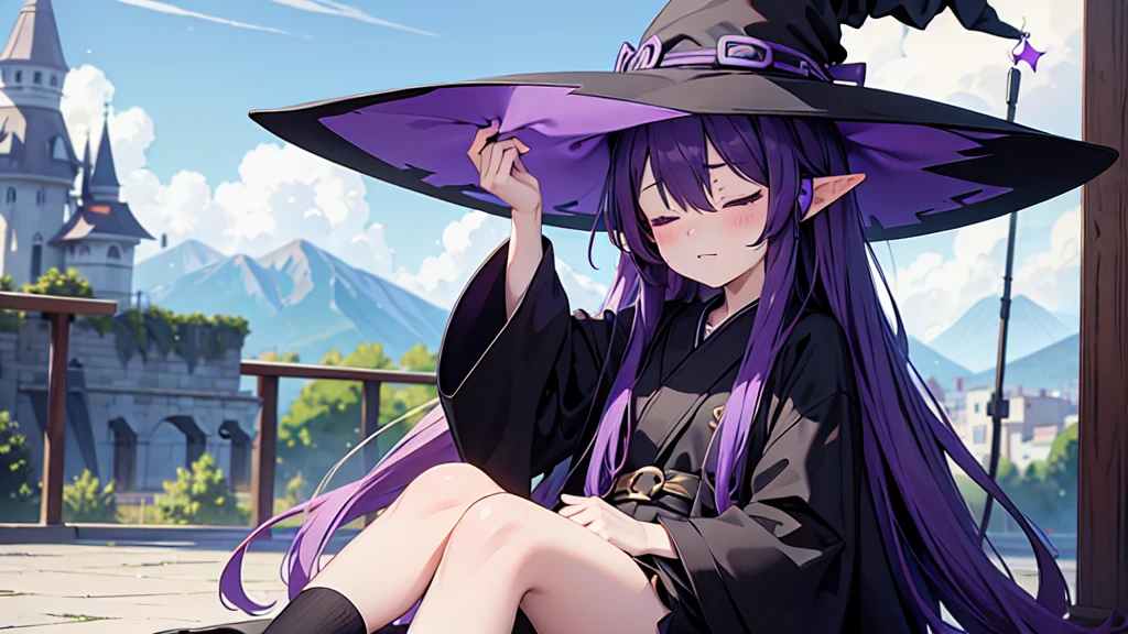 1 person. Anime girl with long purple hair and black robe. Pointy ears. Cute as in manga. Sitting with eyes closed. Headphones. Witch hat on the ground.