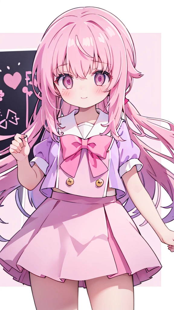1girl,pink hair, pink eyes with love, detailed eyes, straight hair, straight bangs, shiny hair,
,red bowtie,purple skirt,purple shirt,pleated skirt,short sleeves,idol、sing、smile、Sweat、cute、stage、In the spotlight、psyllium、Clear images、high resolution,looking at viewer, high-definition,masterpiece,best quality, masterpiece, best quality, high resolution, aabeta, double, white simple background, standing, slim waist, cute, sailor uniform, close up, (PastelColors: 1.3)
