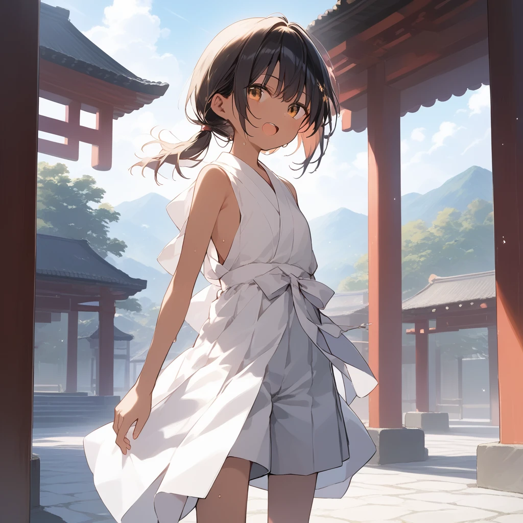 score_9, score_8_up, score_7_up, source_anime, best quality, masterpiece, official art, absurdres, highres, ultra-detailed,waifu2x,Collection: Slice of Life,break,1girl, tomboy, dark-skinned female, short hair, low ponytail, flat chest, beautiful detailed eyes, miko, hakama shorts, sweat, open mouth, (yawn:0.3), sleepily, outdoors, shrine, wind,break,(clear line illustration:1.2), super detailed skin,very high resolution, very aesthetic, Best sexual lighting powered by famous artist, 8k,cute picture,beauty illustration,photoshop_(medium),,(Detailed Lighting),best anime 8k konachan wallpaper, pixiv contest winner, 