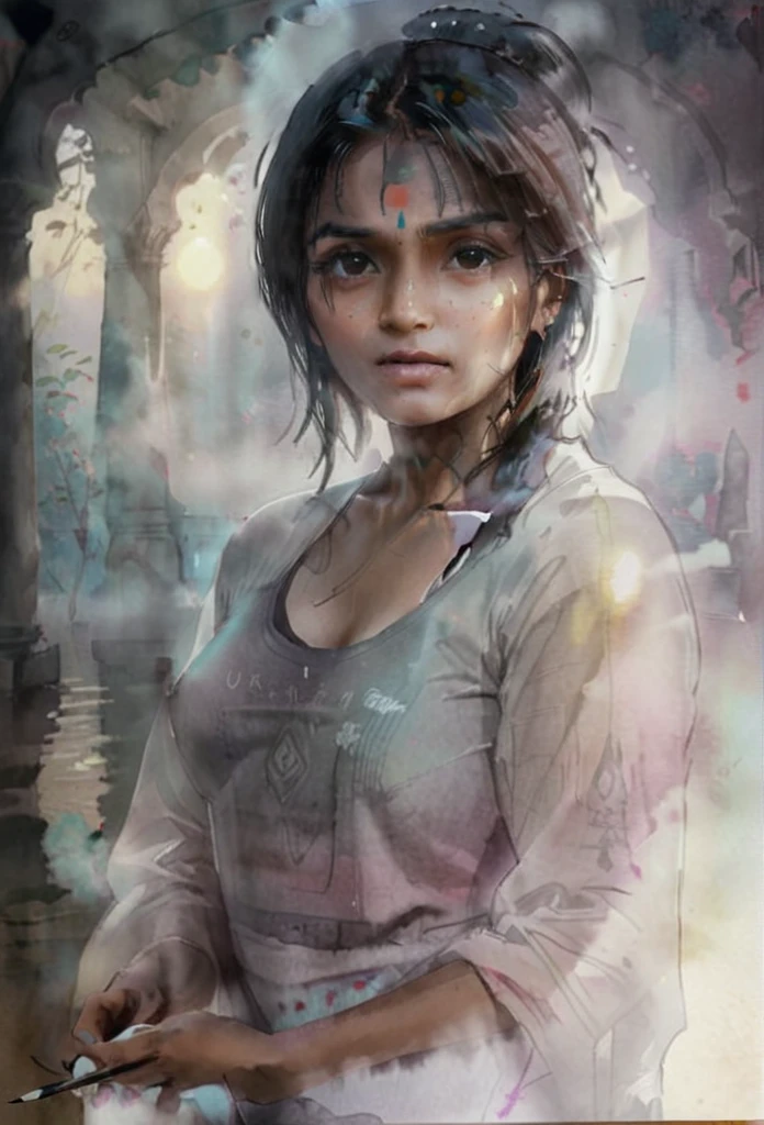 High Quality illustration,ultra detailed, Beautiful picture of A painting of a girl indian beauty, Fog, cinematic shot, haze lighting, 16k, uhd, blurry masterpiece,cinematic, epic,  watercolor, ink