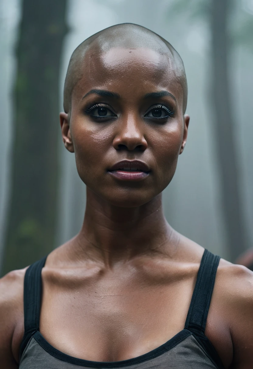 1 woman, inside a medieval training camp, round neck, facial features, dark, feminine eyes, detailed dark black skin, shaved head with no hair, strong expression, dramatic lighting, cinematic composition, female body muscles defined, cold palette and warm color palette, atmospheric fog, pretty face, thin chin, beautiful bald black woman, (best quality, 4K, 8K, high resolution, art: 1.2), ultra-detailed, (realistic, photorealistic, photorealistic : 1.37)