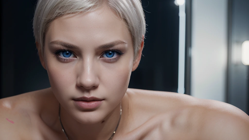 Portrait young woman white short hair, blue eyes, full lips, highly realistic, Excellent rendering, 4k realistic eyes, realistic face, symmetrical head ai cyberpunk