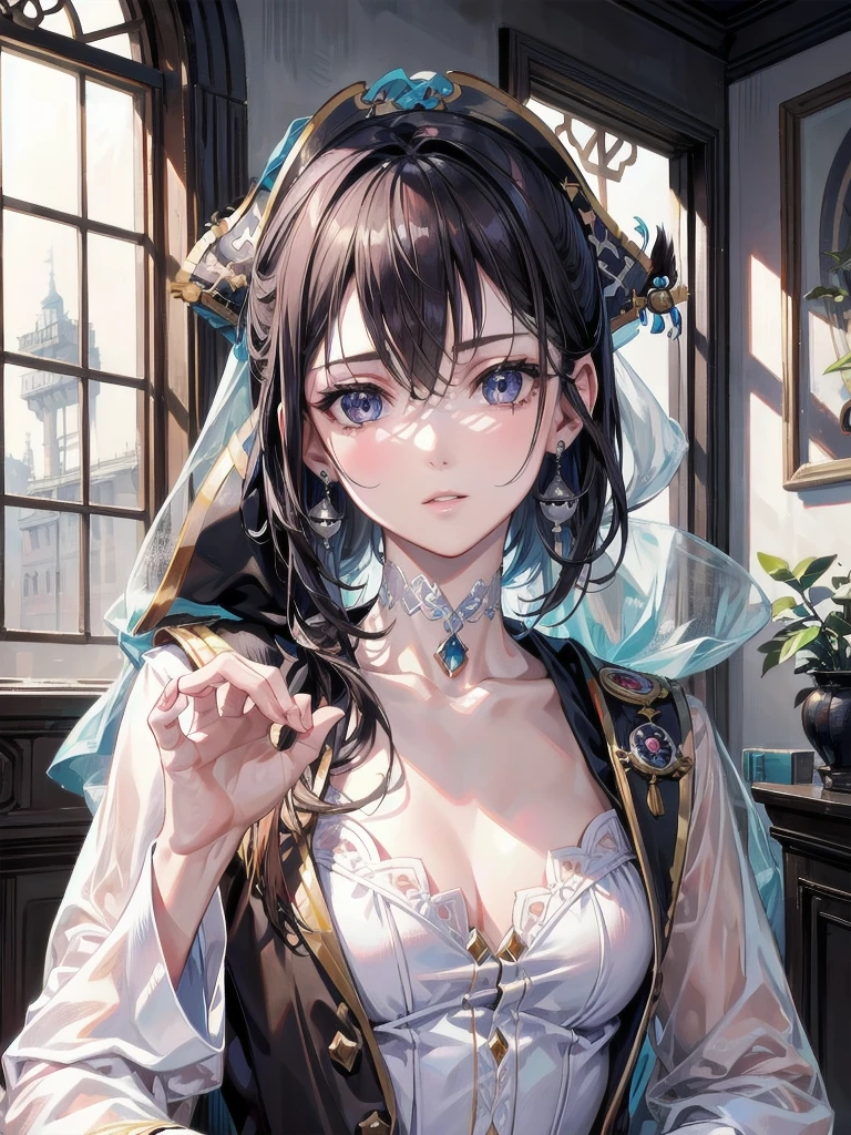 absurdres, RAW photo, extremely delicate and beautiful, masterpiece, Best Quality, ultra high resolution, 32k, hyperrealistic, ultra-detailed, in her 30s, very small head, very small face, delicate facial features, handsome detailed woman, very detailed eyes and face, Realistic beautiful face, Realistic beautiful eyes, tearful mole, earring, full body shot, medium hair, indoor, (Legendary Pirate costume:1.2),