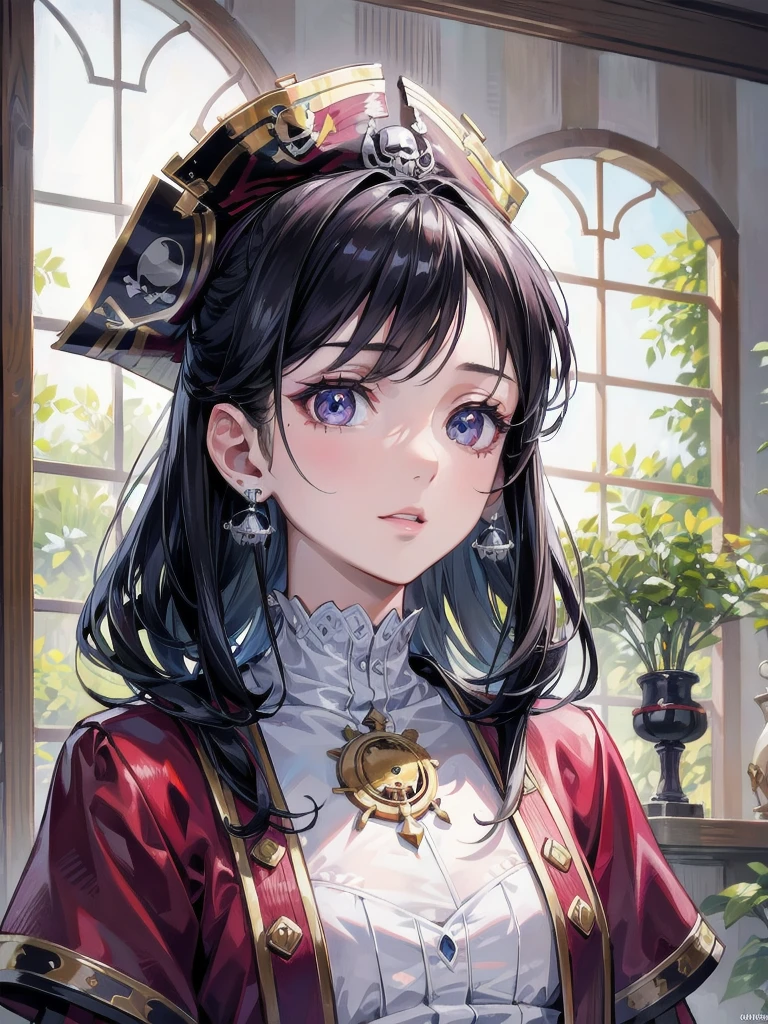 absurdres, RAW photo, extremely delicate and beautiful, masterpiece, Best Quality, ultra high resolution, 32k, hyperrealistic, ultra-detailed, in her 30s, very small head, very small face, delicate facial features, handsome detailed woman, very detailed eyes and face, Realistic beautiful face, Realistic beautiful eyes, tearful mole, earring, full body shot, medium hair, indoor, (Legendary Pirate costume:1.2),