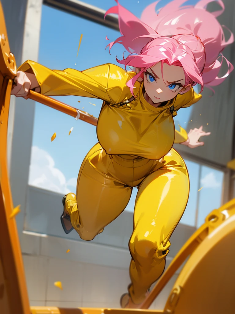 a mature woman , hero pose, big pink hair, shining blue eyes, wearing a mustard yellow jumpsuit. hero pose, big breasts35 years old, running away from an old squeegee, looking at the camera