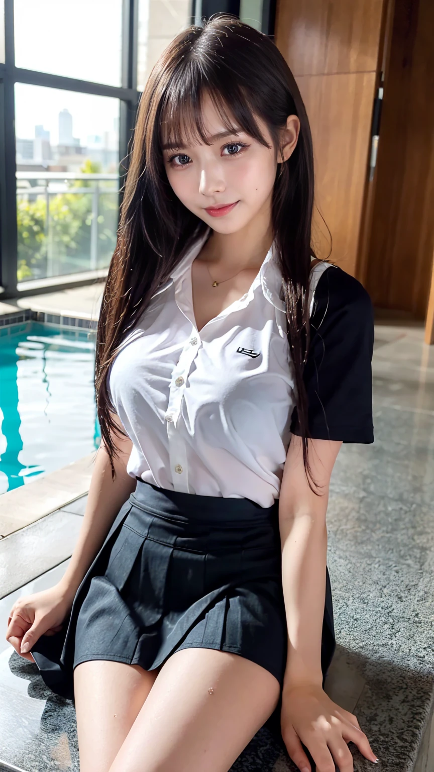 ((masterpiece, Highest quality)),Best aesthetics,One girl, Sitting with legs apart, Poolの中,Pool, Long Hair, indoor, Chair, View your viewers, Focus Only, Brown eyes, mini skirt, Romper Swimsuit, paper, Black hair straight, One length, school bag, school Chairに足を開いて座る,smile,(skirt lift:2.0),Black Swimsuit,Wet Hair,,Big Breasts,(1 girl panty shot / upskirt:1.4)