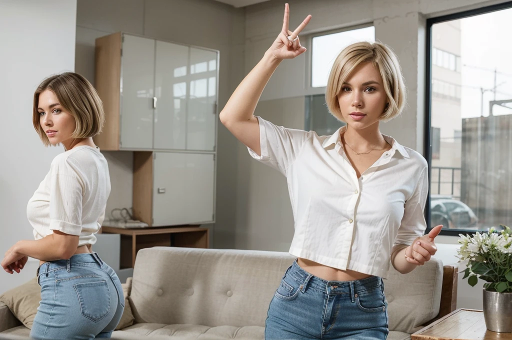 very beautiful 30 year old woman, , Front view,industrial style living room in the background,making a finger snapping gesture , with sophisticated clothes, Jeans ,vintage white shirt, WHITE TENNIS, blonde short hair, short modern bob, influencer,