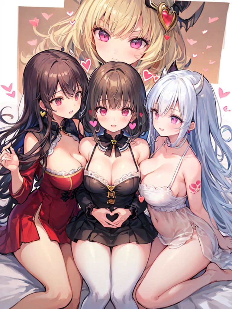 best quality, super fine, 16k, extremely detailed, delicate and dynamic, (3 women and 1 boy:1.4), cute woman,boy, baby face,black hair, pink eyes, A detailed eye, source_anime, high detail, hair ornament,smile, Young features, looking at viewer, (white background:1.3)fluffy hair, Elementary school girls,hair clips, Black Stockings,standing, underwear,age girl, belly button, skirt,beautiful illustrations, highest quality, pretty girl,beautiful girl, clear face, pastel colour ,blonde hair, smile, blush, にこやかなsmile, thighs,perfect hands, five fingereet,Three Succubi (symmetrical succubus wings), (triplets:1.2), (ribbon:1.1), tie, Bree, earrings, Suspicious face, alicious smile, Bruises and ugly facial features, young features, fluffy hair, (Open your mouth and laugh), Chiquita, Colossal tits, (Put your hands on your face), Ruffled uniforms, hair clips, (Ridicule:1.1), looking-down, Angle from behind, respected by women, (upward looking gaze:1.2), (hearts symbol:1.5), (lump of heart:1.5), (heart effect:1.5), (heart mark:1.5), demon tail, Devil's Taiuccubus, (super Colossal tits:1.3), (heart tattoo:1.3), Yodare, Devil's Tail, Chest Alignment, Girl Sandwich face sandwich (confused and blushing,kawaii facepose your ahegao), hug each other, catch them, そしてサンドイッチを作ってサンドイッチにhug each otherポーズ, (burying boy's face in cleavage:1.3), sandwich from front and back, Sullen expression 4p, boy looking away