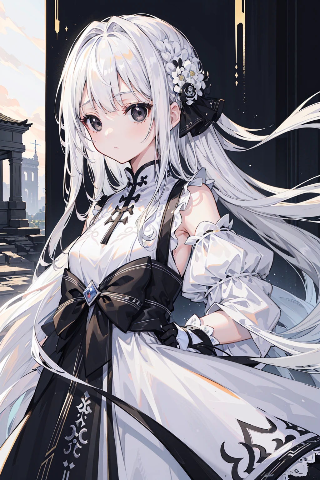 (Top image quality)、(Very detailed)、(Facing forward)、Top quality、masterpiece、(((1 girl )))、Silver Hair、White hair、((Long hair))、Weaving、(black eyes:1.6)、(White and black cheongsam)、Lots of decorations、Lots of ribbons、White Ribbon、Haggard、Fluffy loose hair