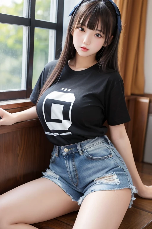 Highest quality、8k、Junior high school girl、Big Breasts、big silhouette t-shirt、Denim shorts and black knee-high socks、Thigh fetish、Spread your legs、Black Knee High、