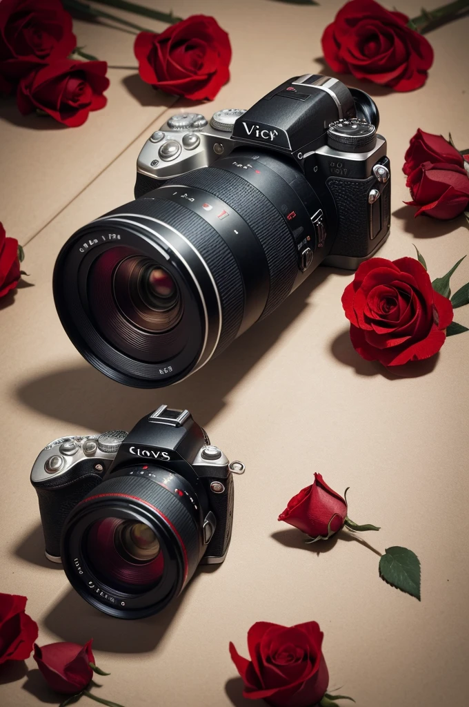 A knife breaking the viewfinder of a camera and red roses in the background 