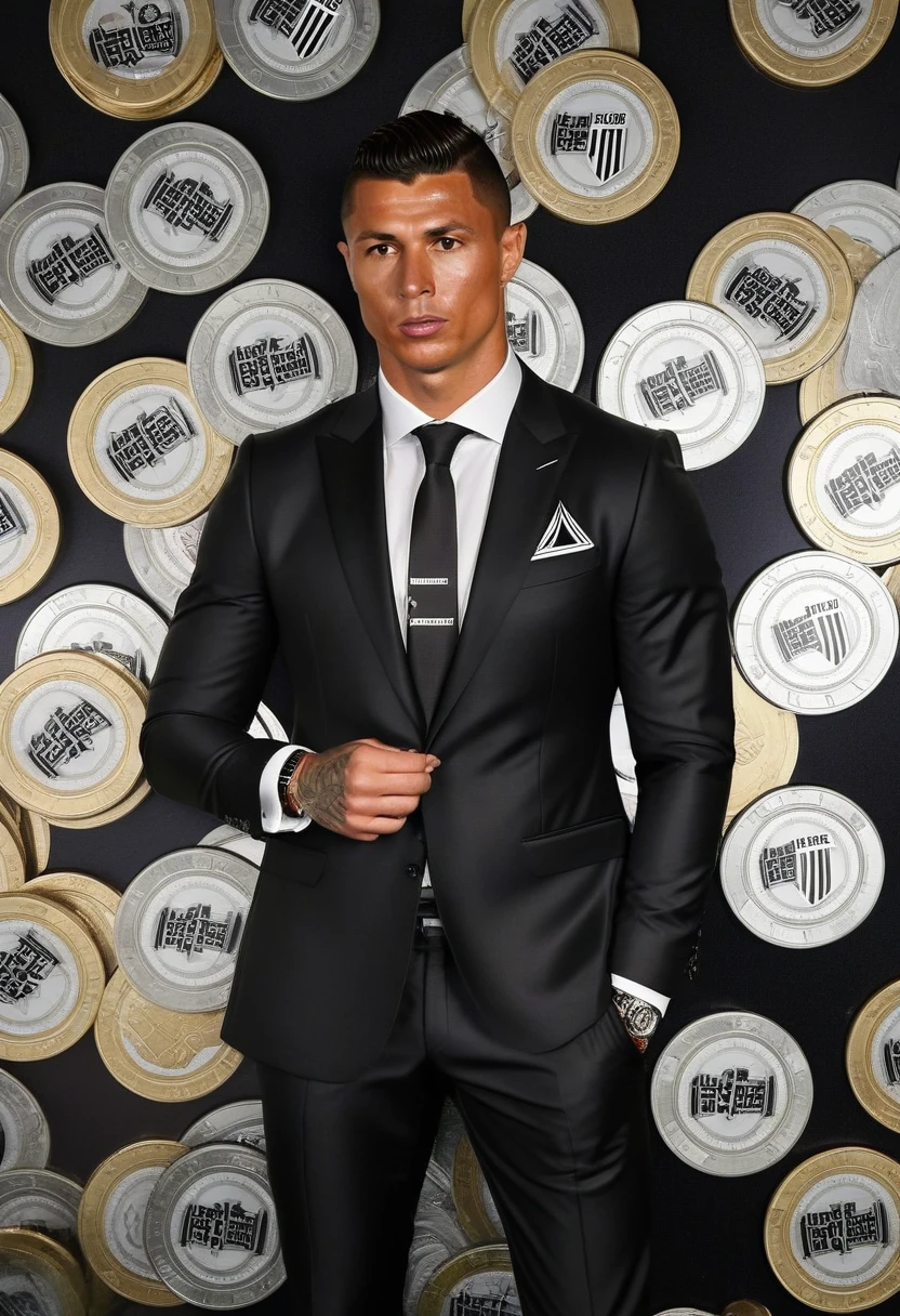 Woman and CR7 Ronaldo with a formal suit but with the design of the Juventus Turin club, is playing in a themed casino decorated with football style and football team brands and CR7 Ronaldo in coin swallowing style, on the game sheets of the club logo can be seen Juventus Torino