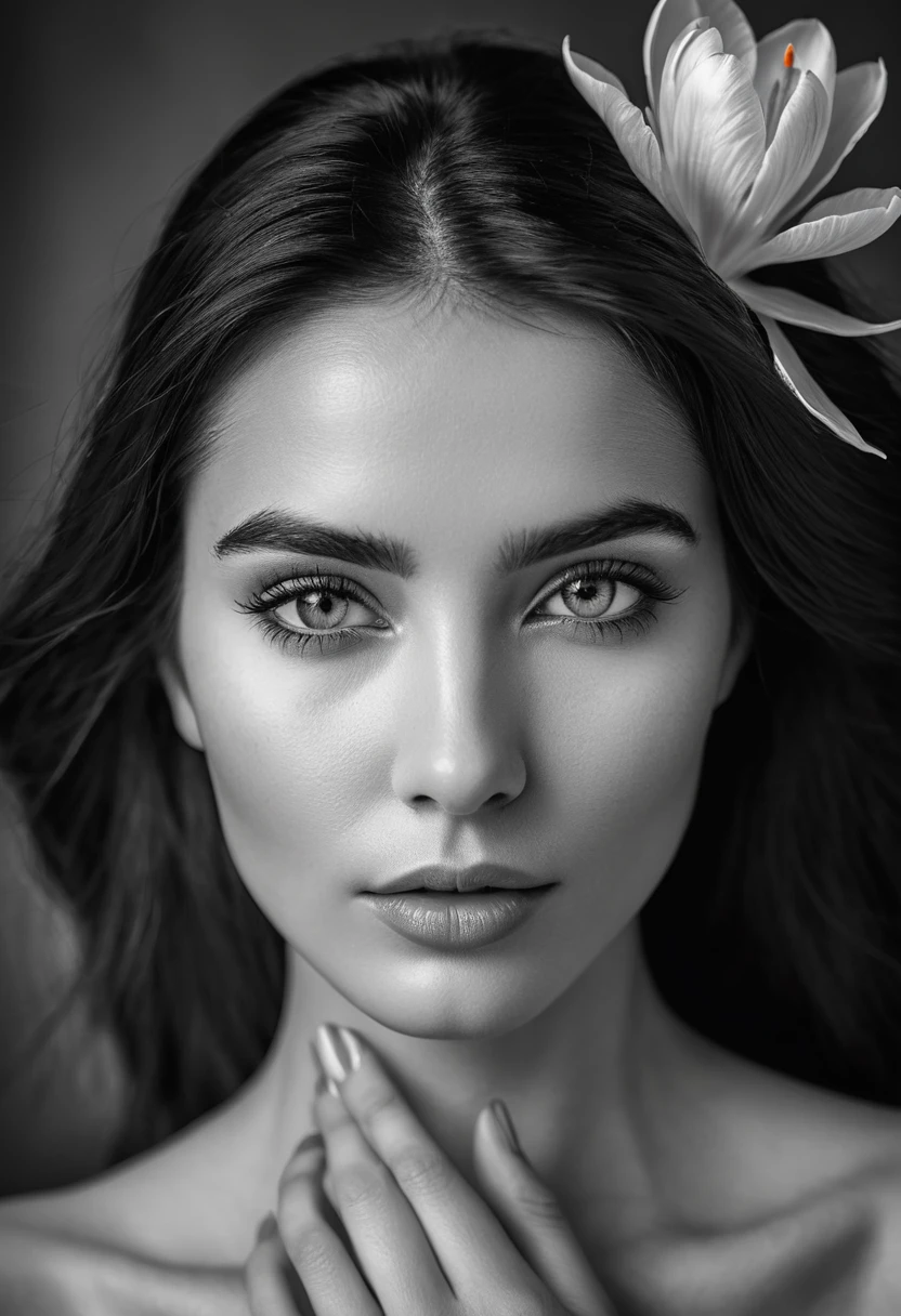 A black and white photo in raw format, zooming in on the intricate details of a woman's face, revealing her delicate skin and her expressive eyes. Frame the shot with a solitary striking colorful Saffron Crocus flower, delicately held in the woman's hand, adding a touch of softness and femininity to the composition, enhancing the dramatic contrast and textures of the monochrome image.