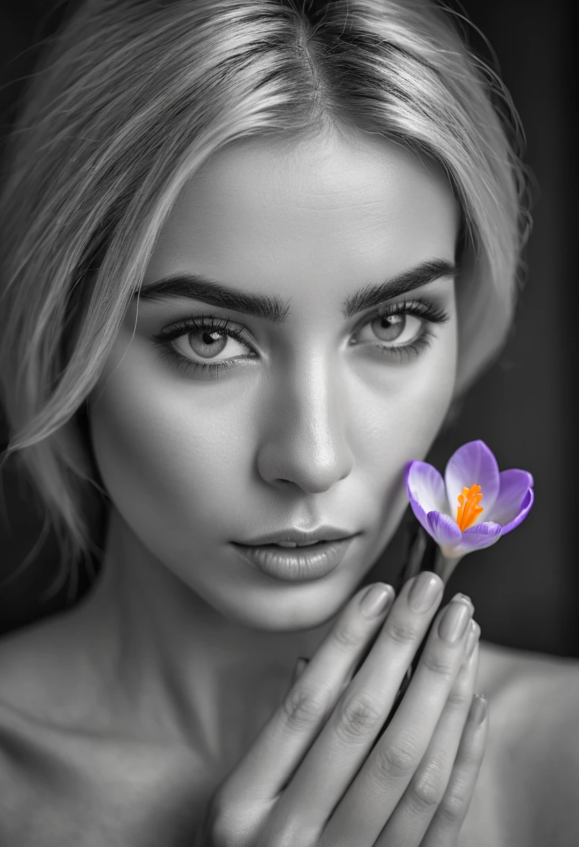 A black and white photo in raw format, zooming in on the intricate details of a woman's face, revealing her delicate skin and her expressive eyes. Frame the shot with a solitary striking colorful Saffron Crocus flower, delicately held in the woman's hand, adding a touch of softness and femininity to the composition, enhancing the dramatic contrast and textures of the monochrome image.