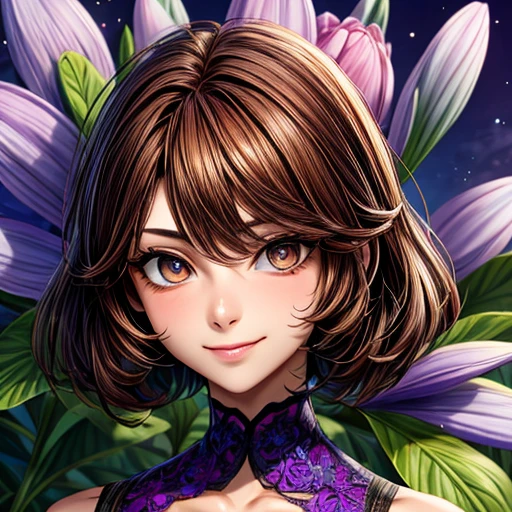 1girl, mature female, adult women, standing in a gigantic flower garden, oversized objects, gigantic flowers, oversized flowers, {{{dark brown hair}}}, {{{Golden eyes}}}, {{purple dress}} purple clothes, small smile, {best quality}, {highres masterpiece.}, 16k {{{medium close up}}}, {facing viewer}