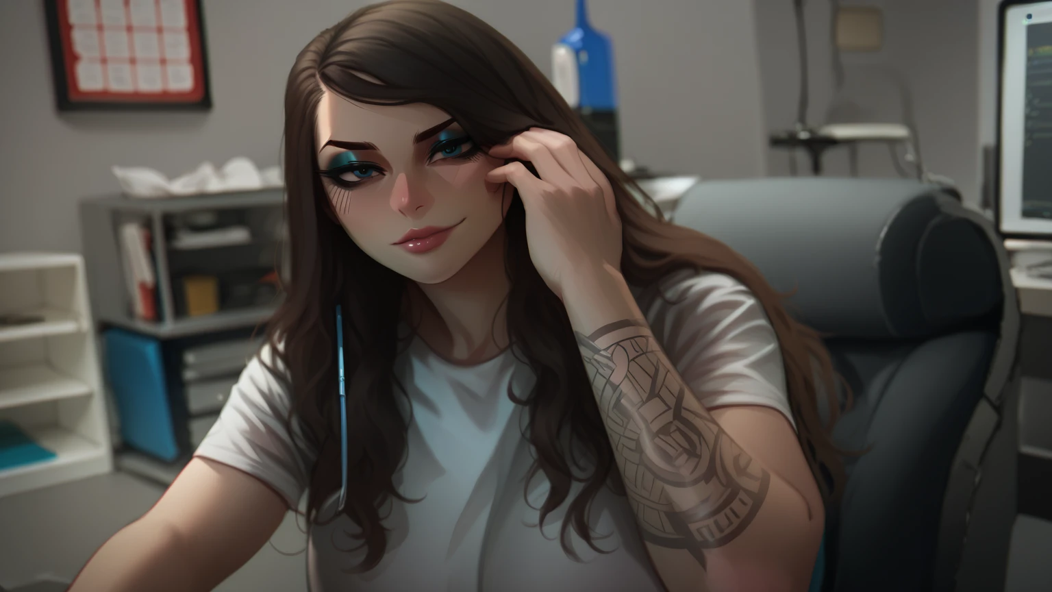 score_9, score_8_up, score_7_up, score_6_up, score_5_up, score_4_up, BREAK 1girl, intricate, white t-shirt (eyeliner:1.2), looking at viewer, detailed background,huge breasts (masterpiece, high quality:1),