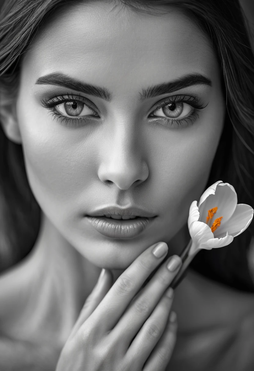 A black and white photo in raw format, zooming in on the intricate details of a woman's face, revealing her delicate skin and her expressive eyes. Frame the shot with a solitary striking colorful Saffron Crocus flower, delicately held in the woman's hand, adding a touch of softness and femininity to the composition, enhancing the dramatic contrast and textures of the monochrome image.