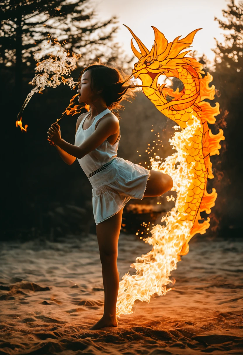 double exposure photo of a {girl:1.2} kick the air and a fire breath{dragon:0.8}, (transparency effect:1.2)golden hour, masterpiece, trending on unsplash