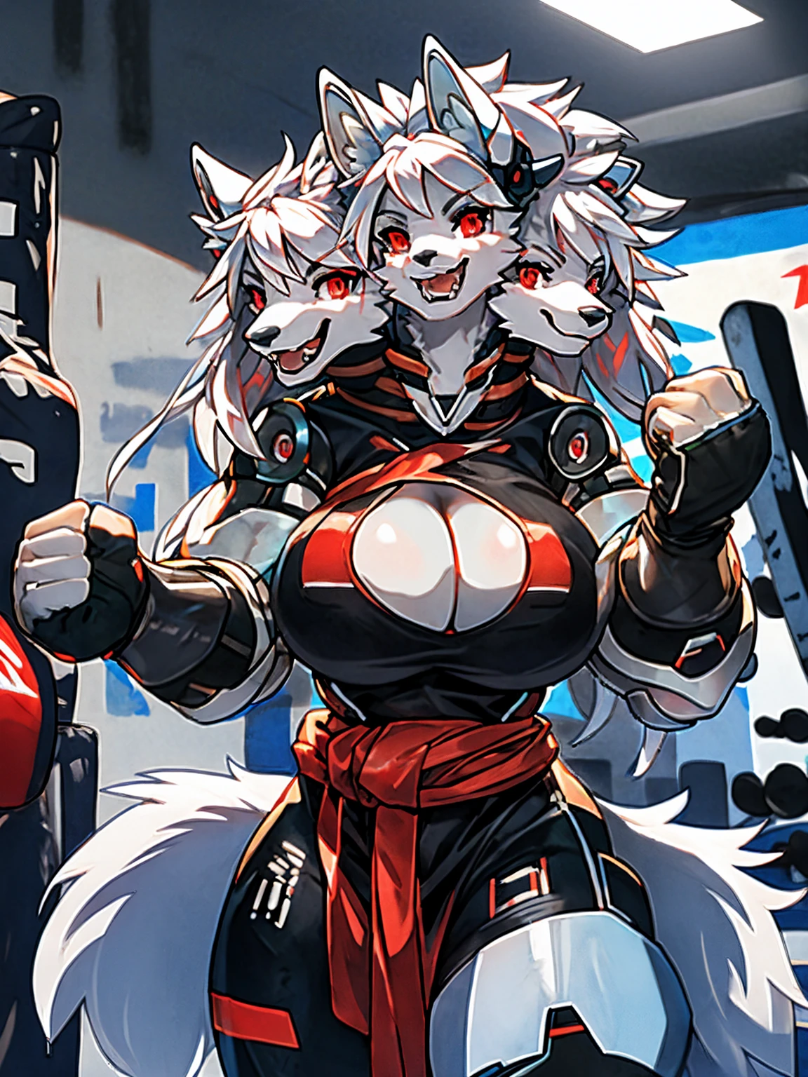 white Wolf furry Girl, ((girl with two heads)), red eyes, white hair, big breasts, thicc, punching a punching bag, robot cyberpunk gloves, in the gym, happy, amile, fangs,