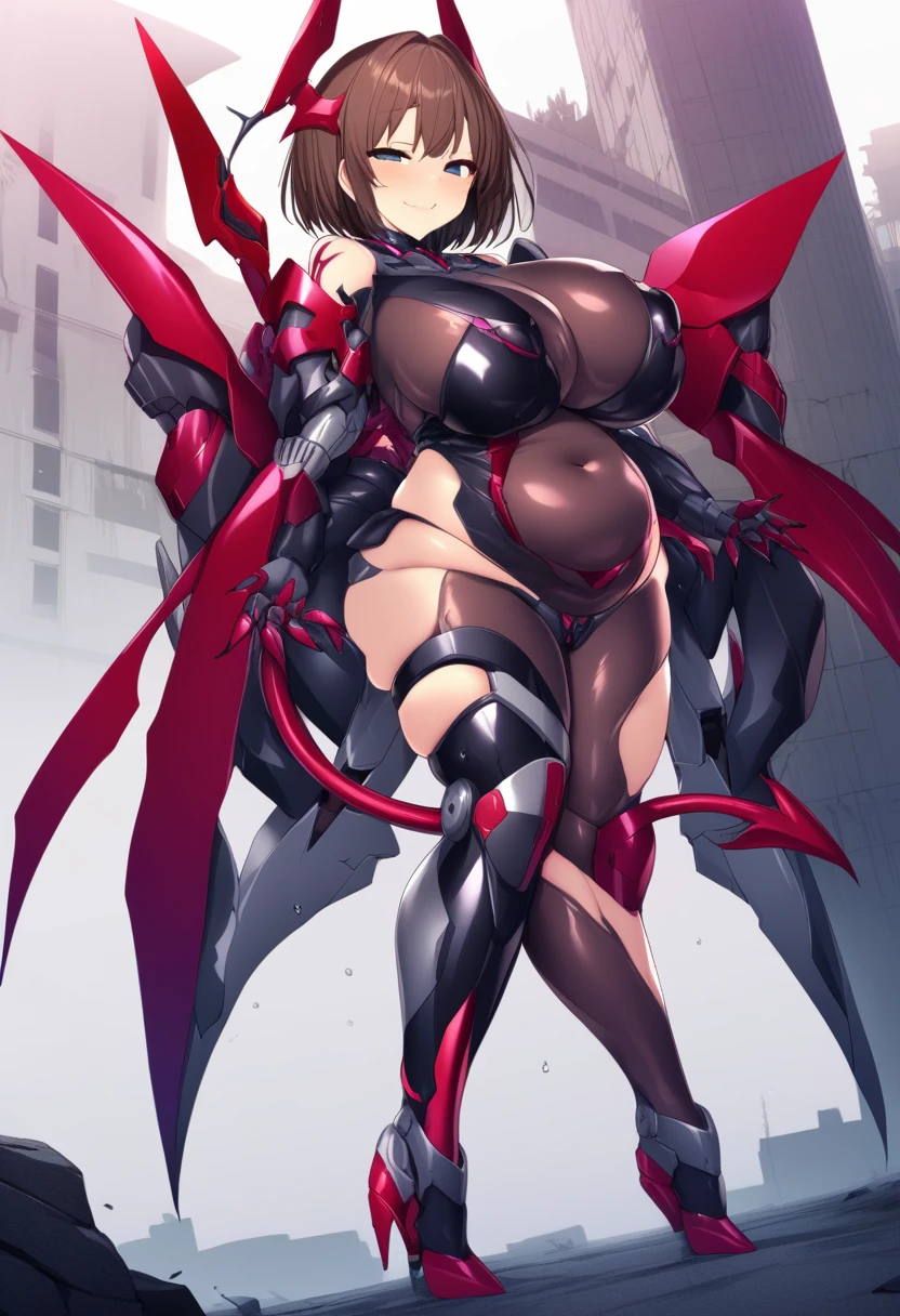 NSFW、Highest quality,Masterpiece,High resolution,Super detailed,perfect anatomy,extremely detailed CG,girl,（Full body painting）、No correction、（（（Sato Air）））、（Character portrait）、Evil Combatants、One unparalleled beautiful girl,Short Hair,Brown Hair,Blue Eyes,Big Breasts,Big Butt、（（Fallen into evil））、Black bodysuit、A plump and seductive body、Wicked Smile,cute,Refreshing belly,,See-through clothing、Shiny skin、Wearing a mechanical miniskirt、（（Mecha Girl））、Knee socks、（（Obscene lines））、（Has a mechanical demon tail）、（Has mechanical demon wings on his back）、（Mechanical Limbs）、（Background is a ruined city）、（Vicious clawed gauntlets）、