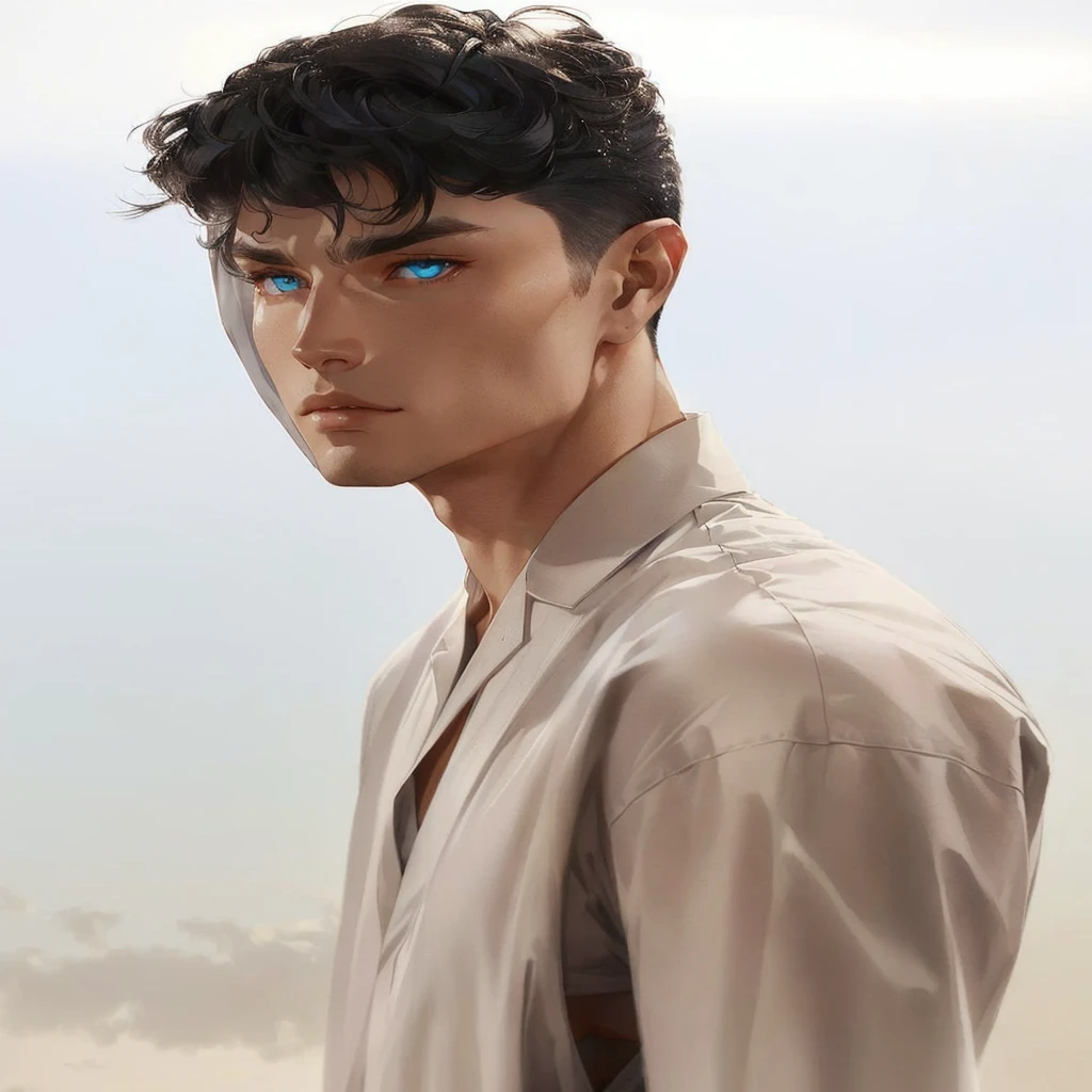 A tall, muscular being from another planet, with short white hair and nuances in light blue tones. His eyes are a super light blue, almost gray, emanating an ethereal aura. An intricate blue-toned tattoo begins on the right arm, snaking across the chest to the neck, resembling alien symbols or constellations. He wears light, flowing white clothes., which give a feeling of lightness. The outfit consists of pants and a long shirt that goes down to the height of the pants., with a front opening that starts from the abdomen, revealing part of the mystical tattoo. The expression on the character's face is serene, mas determinada, reflecting its mysterious origin and inner strength.