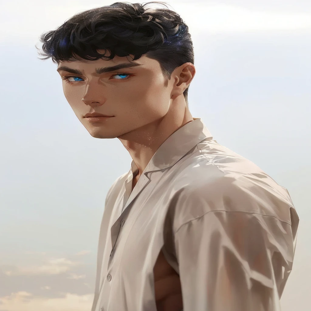 A tall, muscular being from another planet, with short white hair and nuances in light blue tones. His eyes are a super light blue, almost gray, emanating an ethereal aura. An intricate blue-toned tattoo begins on the right arm, snaking across the chest to the neck, resembling alien symbols or constellations. He wears light, flowing white clothes., which give a feeling of lightness. The outfit consists of pants and a long shirt that goes down to the height of the pants., with a front opening that starts from the abdomen, revealing part of the mystical tattoo. The expression on the character's face is serene, mas determinada, reflecting its mysterious origin and inner strength.