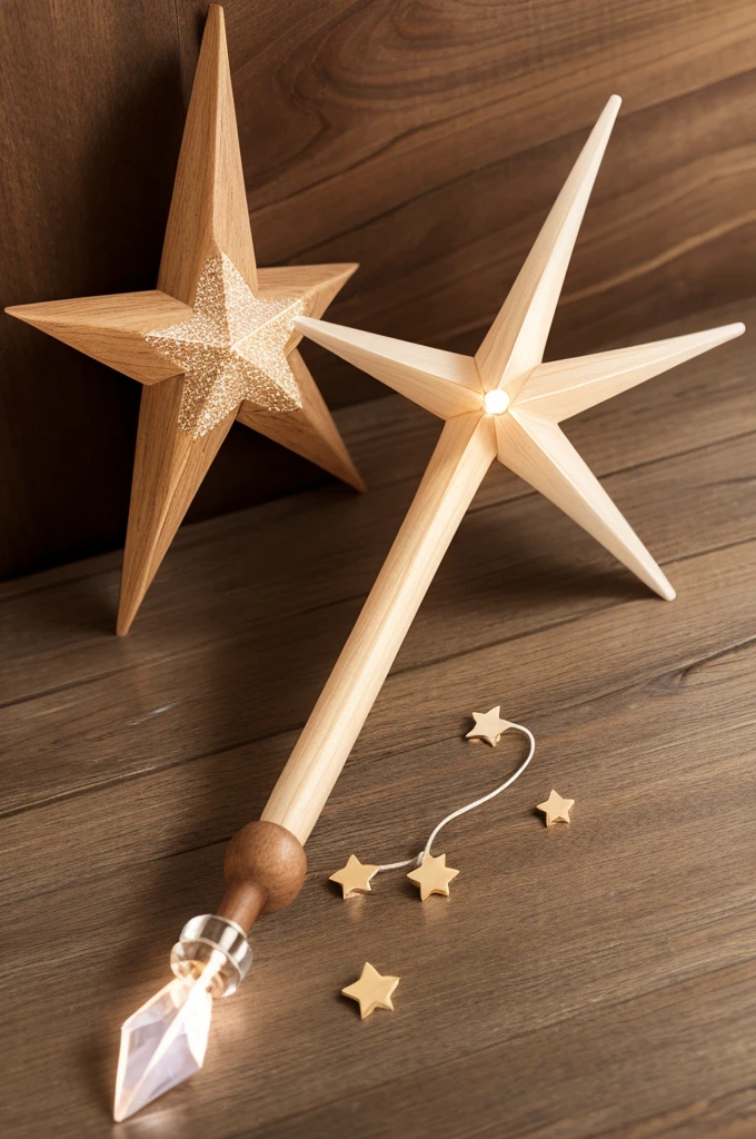 magic wand with quartz star, light brown wood