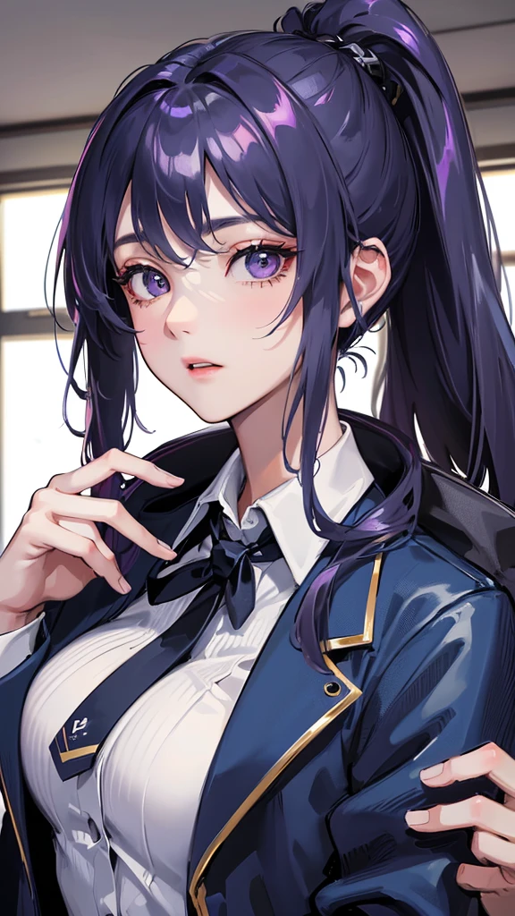 (Top resolution、Distinct_image)top-quality、(A girl) 、​masterpiece、highly detailed, half body, Semi-realistic、 lpurple eyes 、18year old,
 dark blue hair ,young 、Exquisite facial features、Facial features ,variation potrait, long ponytail hairstyles,  , teenage, cool , cold sharp eyes, , {Very detailed 8k CG unit wallpaper}, students, whit oversized shirt , black tie, music classroom, (blue jacket on top)