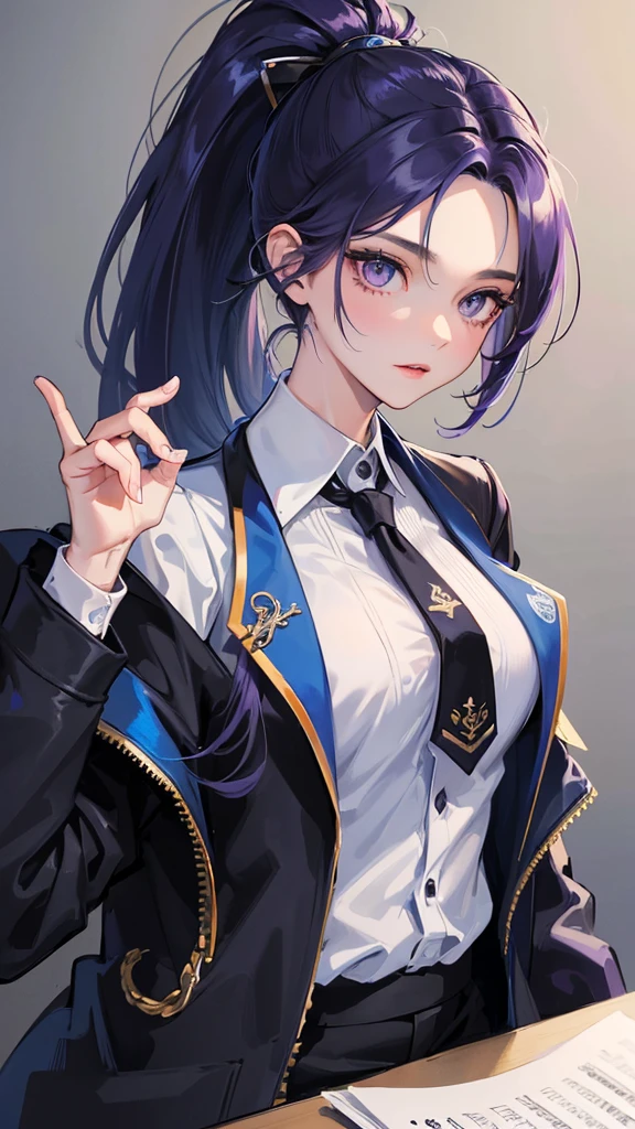 (Top resolution、Distinct_image)top-quality、(A girl) 、​masterpiece、highly detailed, half body, Semi-realistic、 lpurple eyes 、18year old,
 dark blue hair ,young 、Exquisite facial features、Facial features ,variation potrait, long ponytail hairstyles,  , teenage, cool , cold sharp eyes, , {Very detailed 8k CG unit wallpaper}, students, whit oversized shirt , black tie, music classroom, (blue jacket on top)