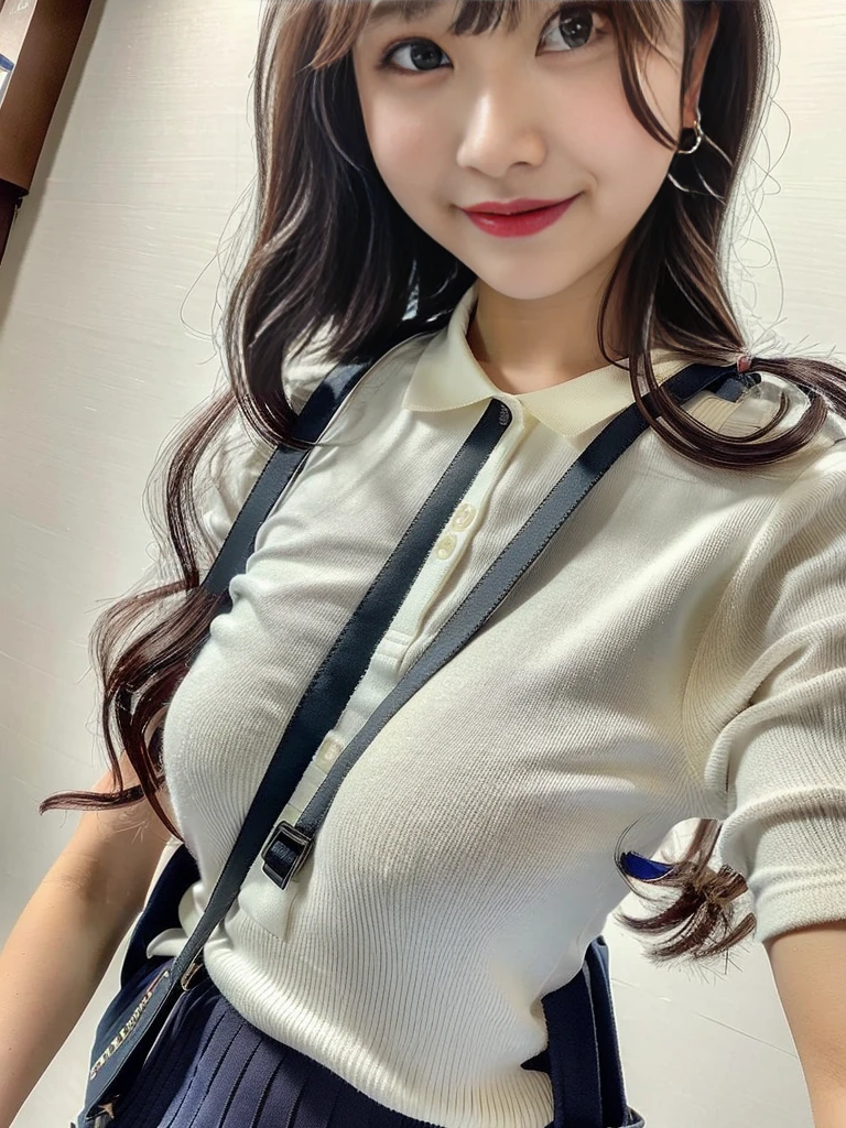  (8K, RAW photo, highest quality, masterpiece:1.3), (realistic, photo-realistic:1.4), (Highly detailed 8K wallpaper), sharp focus, Depth of written boundary,
 japanese idol,very cute,(baby face), (extremely detailed 8k wallpaper),photorealistic,detailed skin,raw photo,1 girl,(japanese high school uniform),17 years old japanese idol,((polo shirts)),(drooping eyes),tareme,plaid skirts,smile,arms behind back,slender,small breast,button gap, school bag slung across the shoulder、(The straps of the bag pass between the chest:1.3)、(Paisla:1.2)