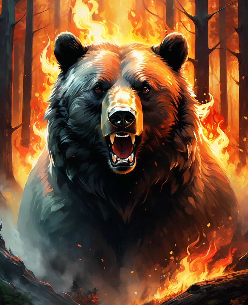 T-shirt design, t-shirt with a breathtaking digital illustration captures the mesmerizing moment when a bear merges perfectly with the enchanting forest full of flames and smoke. The bear's piercing eyes emit an intense, almost otherworldly, angry glow, while its mane blends harmoniously with the koumae. The white background, a striking contrast between the mixture of the furious bear and the flames that consume the forest. The surreal and mystical atmosphere evoked by this captivating scene blurs the line between reality and fantasy, leaving the viewer in awe of the bear's mesmerizing metamorphosis.