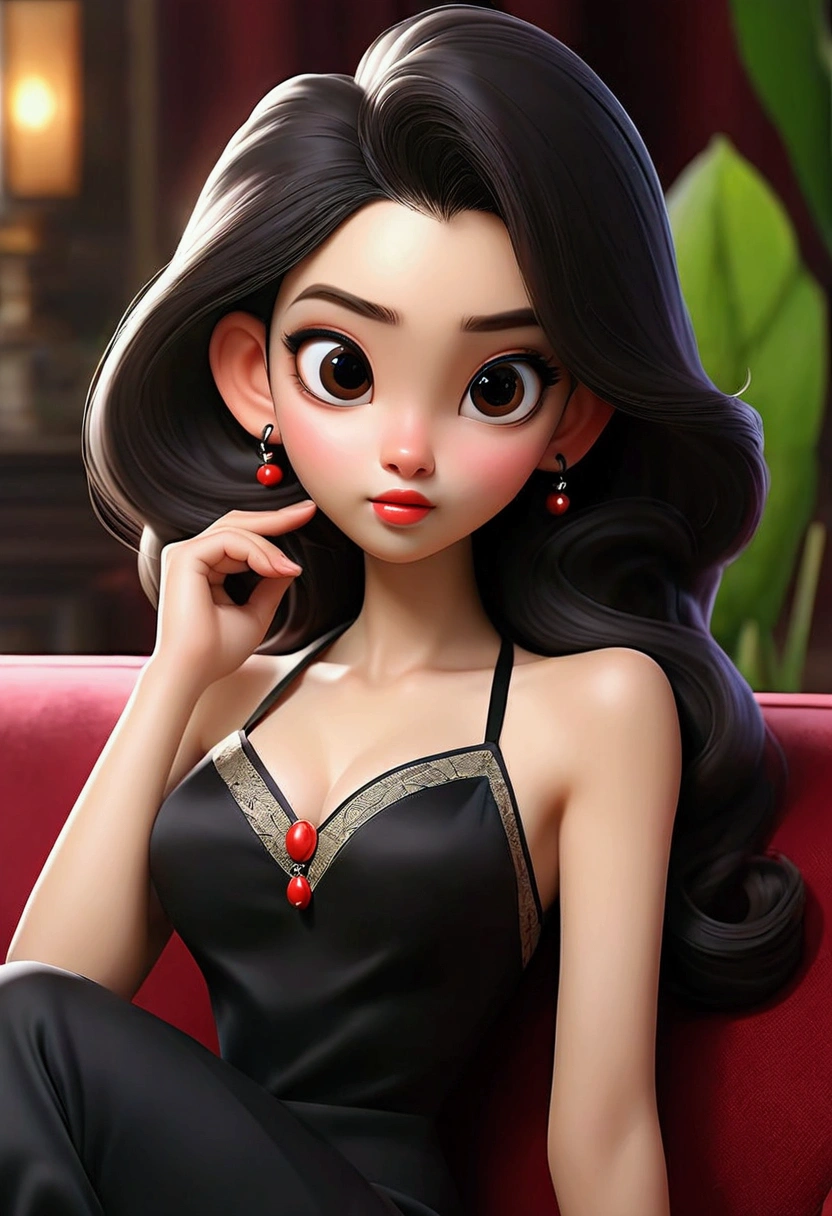 A young girl,Asian,High Detail,8K resolution,Clear eyes,Smooth hair,Exquisite facial features,big eyes,Long eyelashes,earrings,necklace,Lipstick,Red lips,Sweet eyes with silkworms,Smile,Dynamic Angle,,Ultimate image quality,High Detail,Highest precision,Precise and perfect human structure,Long hair,((camisole)),((sofa)),formal,Black high heels,Hydrated lips,坐sofa上,,Seven-point lens