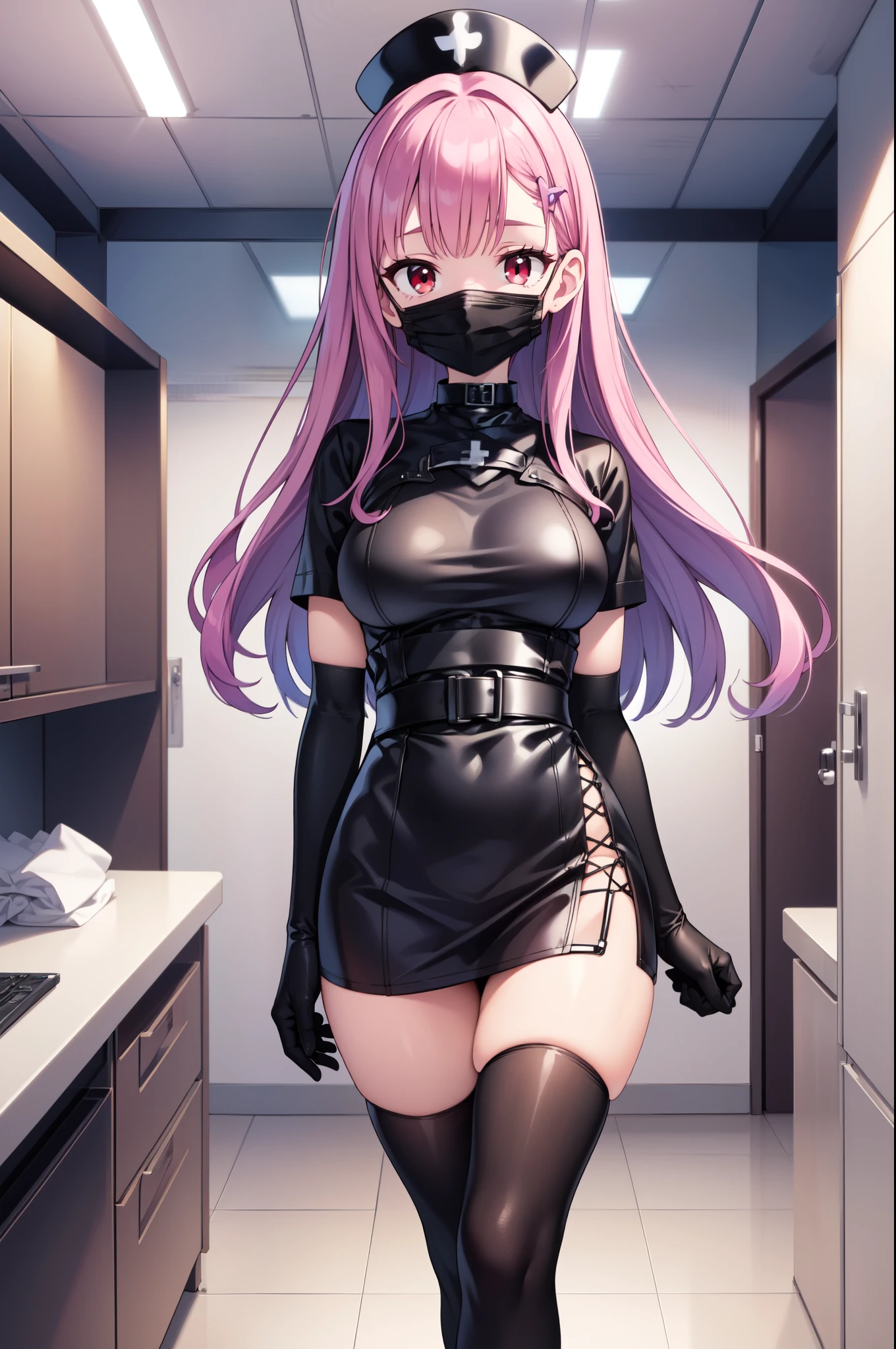 black nurse, 1woman, solo, black nurse cap, black nurse uniform, ((black legwear, zettai ryouiki)), black elbow gloves, long hair, purple hair, red eyes, ((black surgical mask, covered nose)), standing, ((surgery room)), sharp outline, short sleeves, mature female, 35 years old, best quality, masterpiece