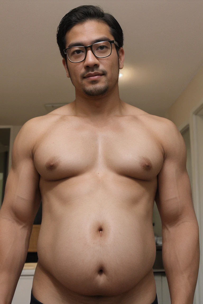 asiatic man, tall, swollen belly, big belly, prominent belly, muscular, hairy, glasses, from below