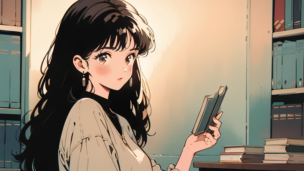 best quality, 4k wallpaper, masterpiece, very detailed CG Unity 8k 벽지, very detailed 눈, very detailed, intricate details, retro, Library Landscape, Brunette Girl, choose a book, Looking at the entire upper body, While looking at the book