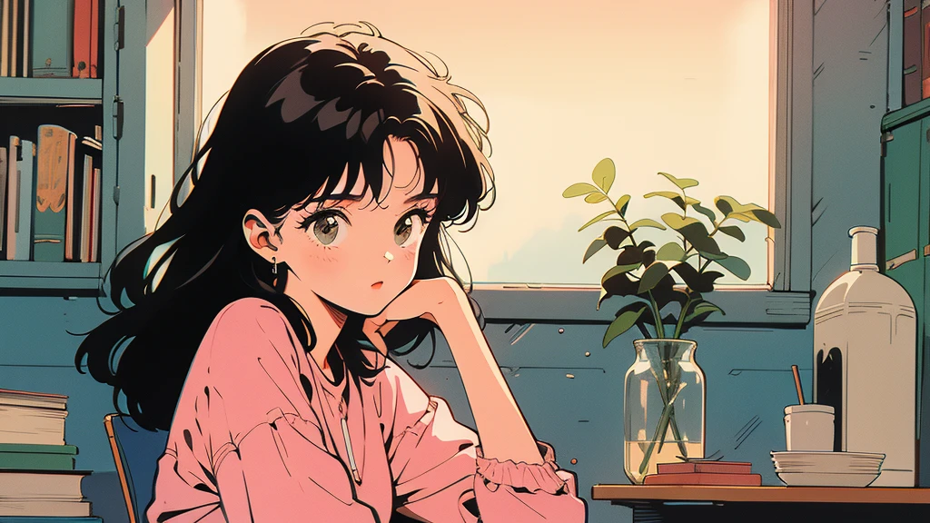 best quality, 4k wallpaper, masterpiece, very detailed CG Unity 8k 벽지, very detailed 눈, very detailed, intricate details, retro, Library Landscape, Brunette Girl, choose a book, Looking at the entire upper body, While looking at the book
