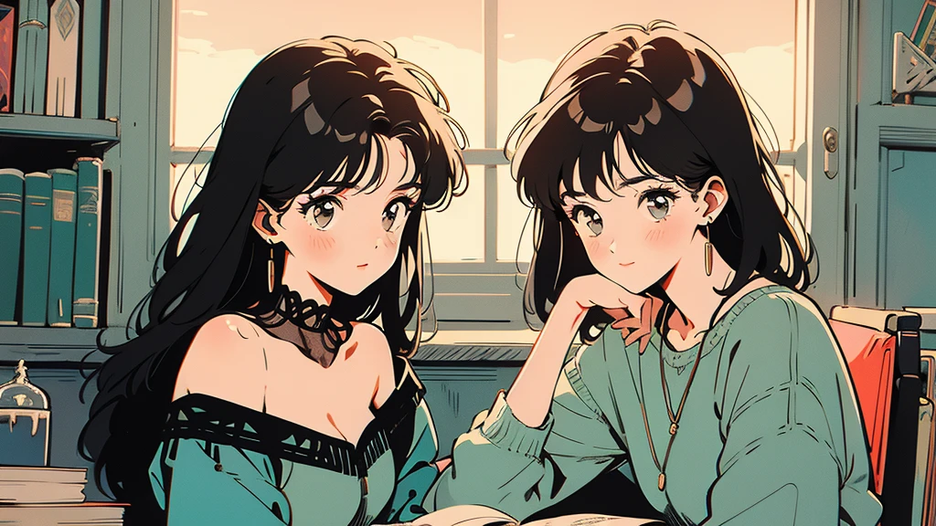 best quality, 4k wallpaper, masterpiece, very detailed CG Unity 8k 벽지, very detailed 눈, very detailed, intricate details, retro, Library Landscape, Brunette Girl, choose a book, Looking at the entire upper body, While looking at the book