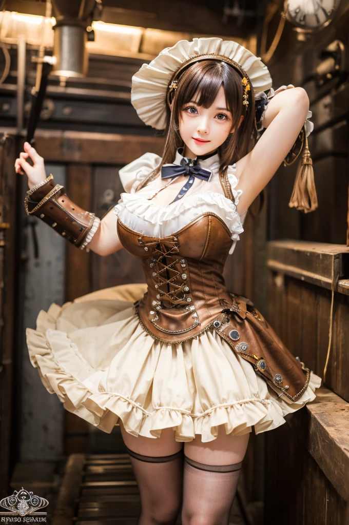 Masterpiece, best quality, highest quality, super detailed, high resolution, super high resolution, soft colors,
Girl,  steampunk dress, ((steampunk)), dynamic pose, pose with movement, ,rias gremory, ahoge, large breasts, wide hips, thighs, mature female