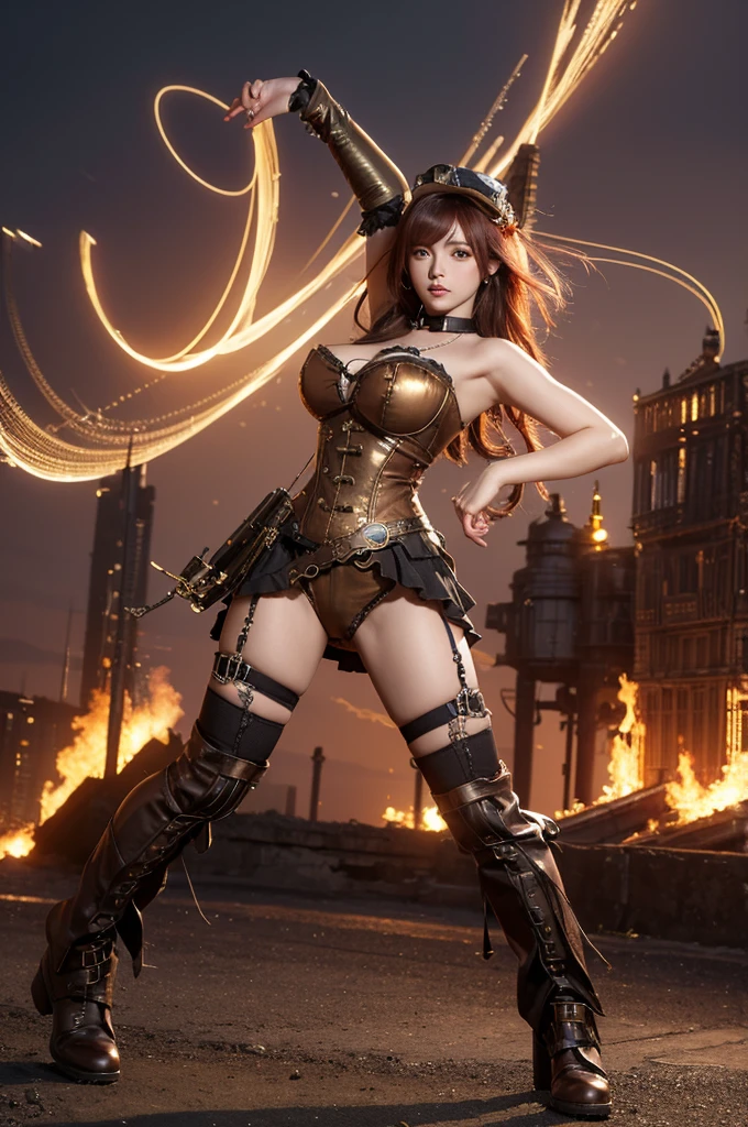 Masterpiece, best quality, highest quality, super detailed, high resolution, super high resolution, soft colors,
Girl, steampunk dress, ((steampunk)), dynamic pose, pose with movement, ,rias gremory, ahoge, large breasts, wide hips, thighs, mature female