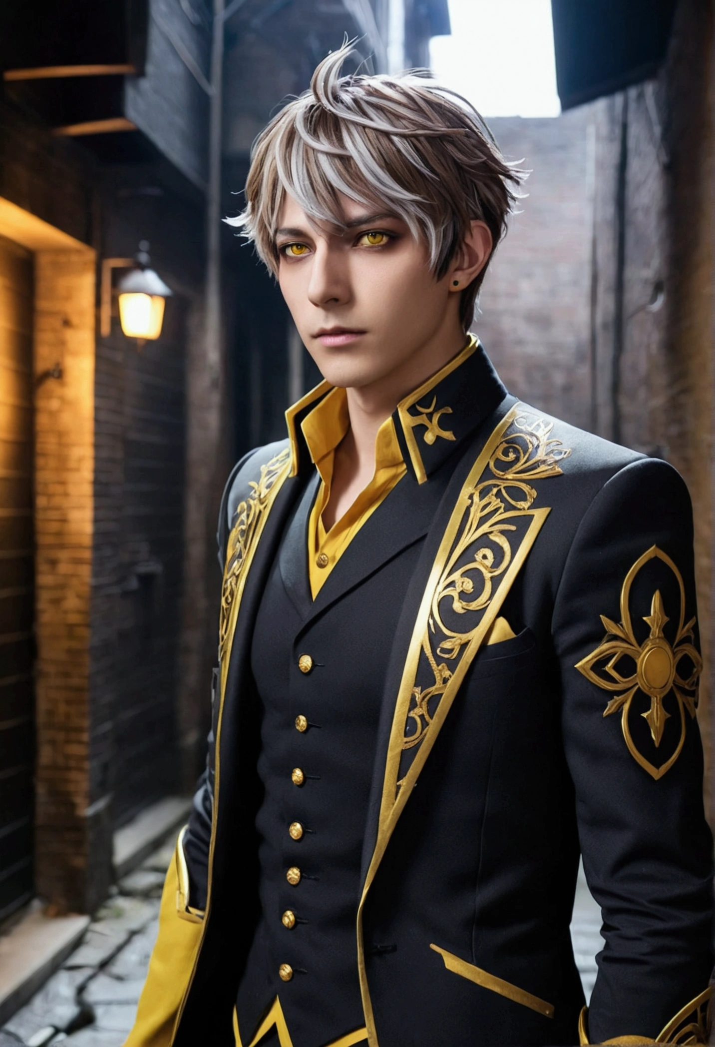 Male, short hair, light brown hair, gray tips, yellow eyes, pierced ears, black eyelids, outfit similar to Oberon from FGO, revived behind a building in a dark alley.