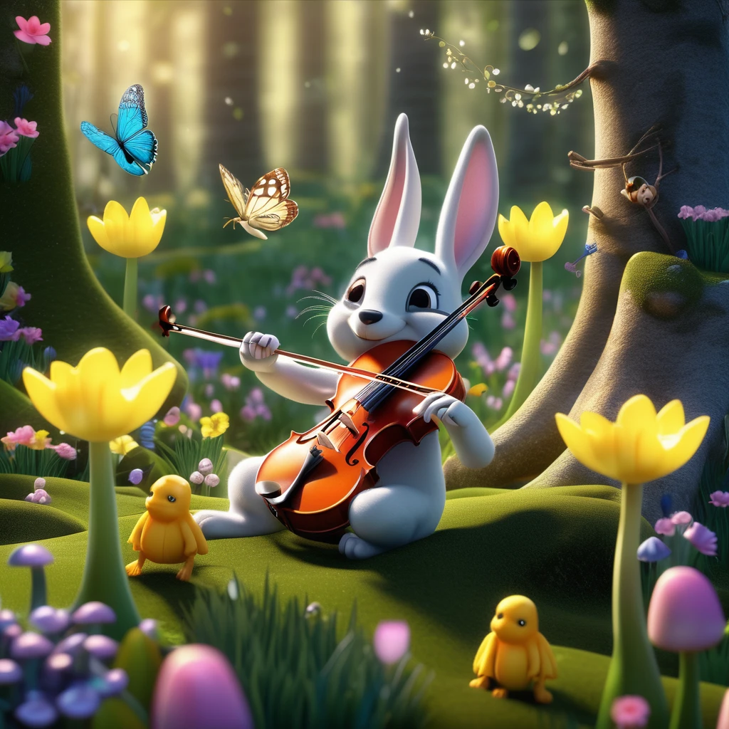 Promp: Whimsical 3D render of a spring flower band in an enchanted forest. Anthropomorphic daffodils and tulips playing the violin. Soft morning light filtering through misty trees. Dewdrops and fireflies scattered in the air. Moss-covered ground with tiny mushrooms and pebbles. Butterflies perched on branches. Hyper-detailed textures on petals, leaves, and bark. Depth of field effect focusing on the flower musicians. Dreamlike atmosphere with pastel color palette. Pixar-inspired character design. cinematic lighting. --ar 5:6 --style raw --stylize 1000