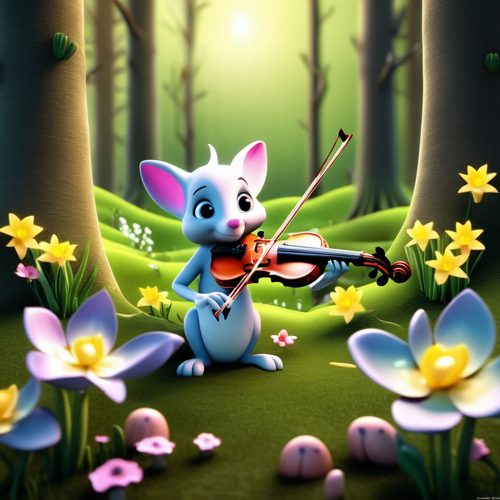 Promp: Whimsical 3D render of a spring flower band in an enchanted forest. Anthropomorphic daffodils and tulips playing the violin. Soft morning light filtering through misty trees. Dewdrops and fireflies scattered in the air. Moss-covered ground with tiny mushrooms and pebbles. Butterflies perched on branches. Hyper-detailed textures on petals, leaves, and bark. Depth of field effect focusing on the flower musicians. Dreamlike atmosphere with pastel color palette. Pixar-inspired character design. cinematic lighting. --ar 5:6 --style raw --stylize 1000