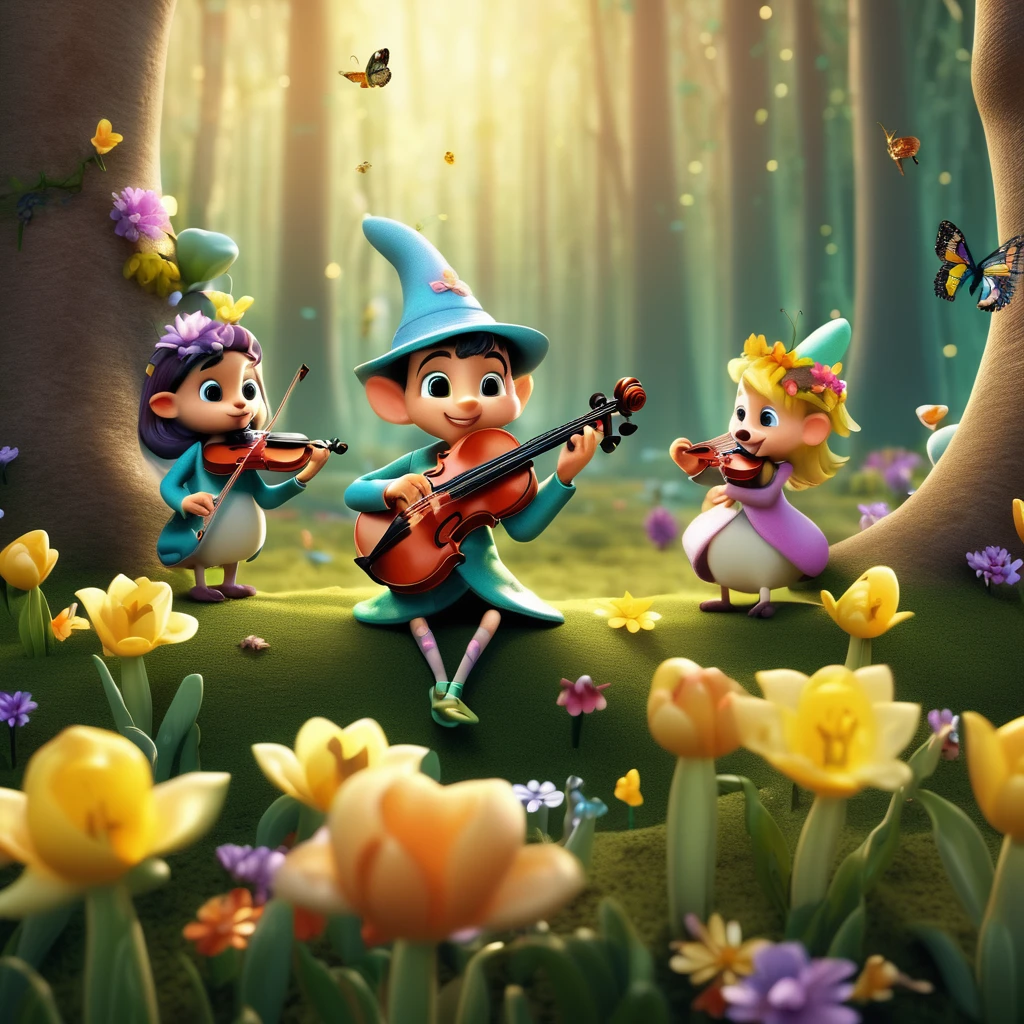 Promp: Whimsical 3D render of a spring flower band in an enchanted forest. Anthropomorphic daffodils and tulips playing the violin. Soft morning light filtering through misty trees. Dewdrops and fireflies scattered in the air. Moss-covered ground with tiny mushrooms and pebbles. Butterflies perched on branches. Hyper-detailed textures on petals, leaves, and bark. Depth of field effect focusing on the flower musicians. Dreamlike atmosphere with pastel color palette. Pixar-inspired character design. cinematic lighting. --ar 5:6 --style raw --stylize 1000