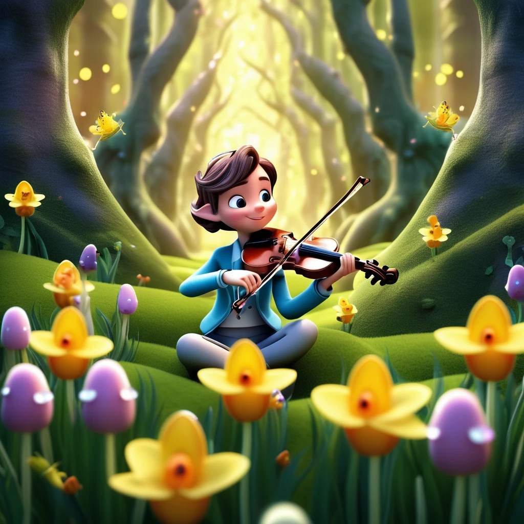 Promp: Whimsical 3D render of a spring flower band in an enchanted forest. Anthropomorphic daffodils and tulips playing the violin. Soft morning light filtering through misty trees. Dewdrops and fireflies scattered in the air. Moss-covered ground with tiny mushrooms and pebbles. Butterflies perched on branches. Hyper-detailed textures on petals, leaves, and bark. Depth of field effect focusing on the flower musicians. Dreamlike atmosphere with pastel color palette. Pixar-inspired character design. cinematic lighting. --ar 5:6 --style raw --stylize 1000