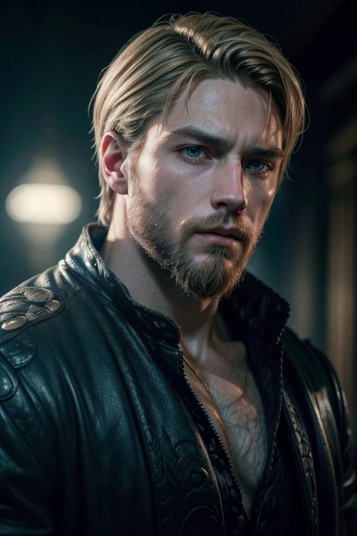 a man with short blond hair, long beard, blue eyes, detailed facial features, intricate clothing, in a dark fantasy setting, cinematic lighting, dramatic atmosphere, (best quality,4k,8k,highres,masterpiece:1.2),ultra-detailed,(realistic,photorealistic,photo-realistic:1.37),dark fantasy,dramatic lighting,cinematic,moody,gritty,chiaroscuro