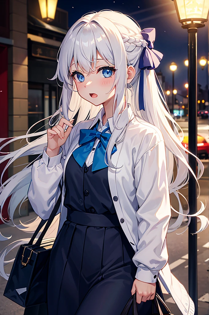 girl，Bow，Long hair，shirt，braid，Blush，outdoor，有领shirt，Bag，solo，白shirt，: or，Bangs，Look at the audience，粉色Bow，White hair，Upper Body，Vague的背景，红色Bow，Blue Eyes，书Bag，Vague，Uniforms，Long sleeve，the way，头发Bow，bow tie，night，street，lamp post，clavicle，Wavy hair，Very long hair，Open your mouth，architecture，Cardigan，Depth of Field，礼服shirt，双braid，单braid