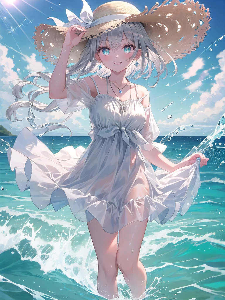 ((8k, best quality, master piece: 1.3)),super high resolution,(1 girl, solo), (colorshift eyes, hyperdetailed, expressive sparkling, glitter, glowing eyes), ultra detailed eyes, ultra-detailed face, random hair, ((silver gray color)), At a seaside resort, a silver-haired woman is wearing a thin white beach dress and sparkling flip-flops. In the background is a blue sky and an emerald green sea, and the sound of the waves can be heard quietly. She is wearing a large straw hat, holding sunglasses in her right hand and dipping her feet in the water with her left hand. The hem of her dress flutters in the wind, and the soft silk material sparkles in the sunlight. A silver necklace sparkles around her neck, and the sunlight reflects off it, making it shine even more. She smiles at the camera and looks at it with amusement.